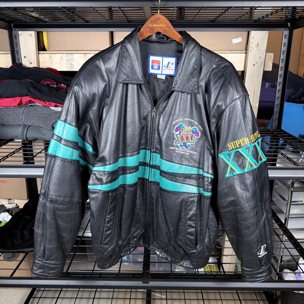 Vintage NFL Super Bowl XXXI Leather Jacket‎ Logo Athletic Men's L Black Teal